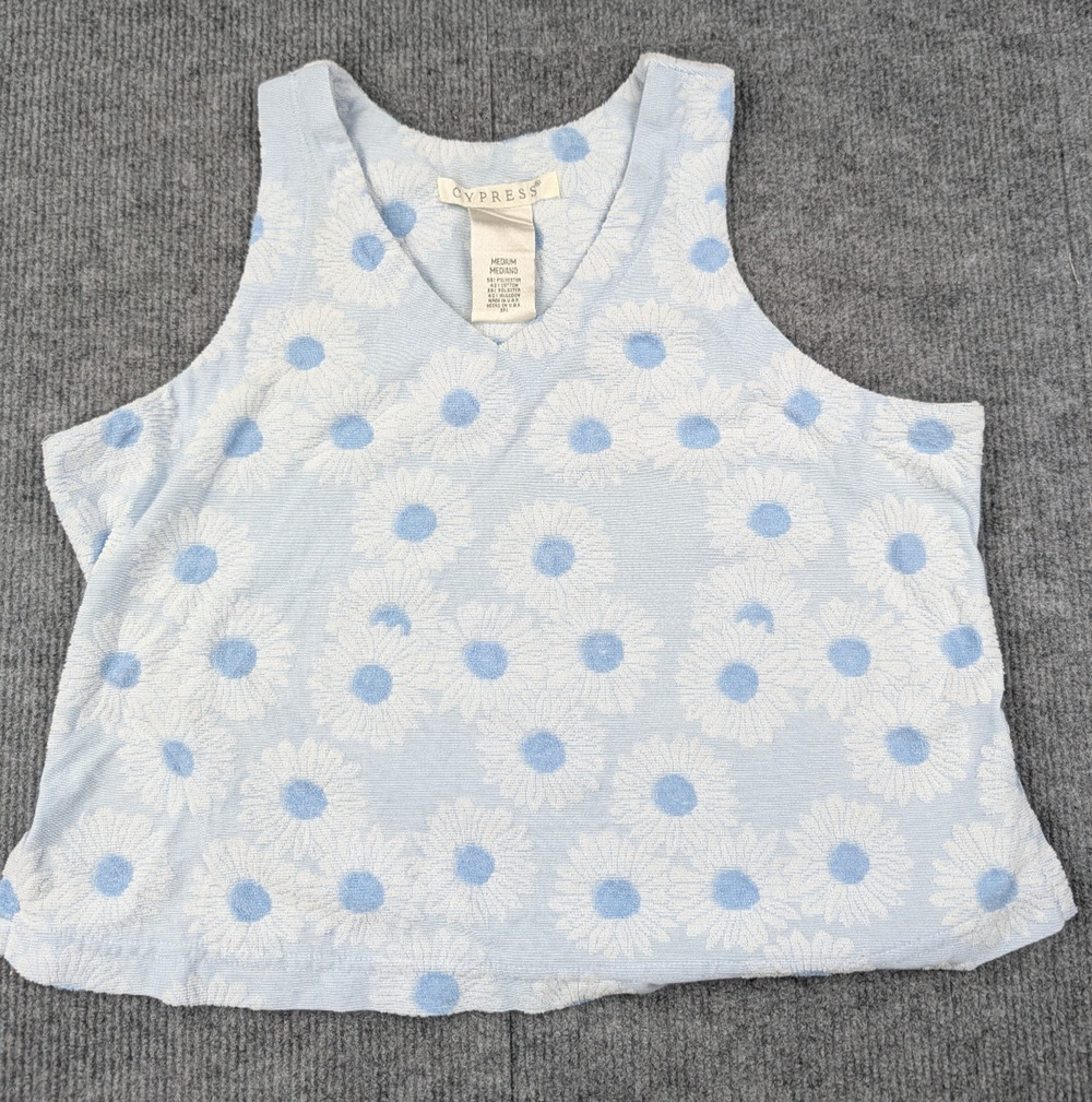 Vintage Cypress Tank Womens Medium Blue FLoral Knit Coastal Terry Retro Y2K